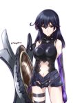  1girl alternate_costume artist_request bare_legs bare_shoulders black_gloves black_hair breasts brown_eyes commentary_request cosplay elbow_gloves expressionless fate/grand_order fate_(series) female gloves highres kantai_collection large_breasts legband legs long_hair looking_at_viewer multicolored multicolored_clothes multicolored_gloves navel navel_cutout purple_gloves shield shielder_(fate/grand_order) shielder_(fate/grand_order)_(cosplay) sleeveless sleeveless_turtleneck solo standing turtleneck ushio_(kantai_collection) 
