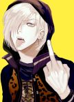  1boy absurdres blue_eyes fangs hair_over_one_eye highres hood jacket male_focus middle_finger solo supocon tongue tongue_out white_hair yellow_background yuri!!!_on_ice yuri_plisetsky 