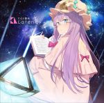  1girl blue_eyes book commentary_request dress galaxy glasses hat hayashi_kewi light long_hair looking_at_viewer looking_back mob_cap musical_note nightgown open_book patchouli_knowledge pink_dress pink_hat purple_hair sheet_music solo space staff_(music) star_(sky) touhou 