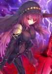  1girl armor bangs bodysuit breasts brown_hair covered_navel fate/grand_order fate_(series) hair_between_eyes hakuishi_aoi holding holding_weapon lance large_breasts legs_apart long_hair looking_at_viewer parted_lips polearm red_eyes scathach_(fate/grand_order) shoulder_armor solo standing veil weapon 