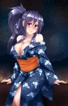  1girl alternate_hairstyle bare_shoulders blue_hair blush breasts cleavage folded_ponytail high_school_dxd highres himejima_akeno japanese_clothes kimono lips long_hair looking_at_viewer new_year night night_sky no_bra outdoors sky smile solo star_(sky) starry_sky twrlare violet_eyes 
