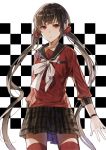  1girl bangs black_hair checkered checkered_background closed_mouth cowboy_shot dangan_ronpa empty_eyes expressionless eyebrows_visible_through_hair hair_ornament hair_scrunchie harukawa_maki highres kim_eb long_hair looking_at_viewer mole mole_under_eye new_dangan_ronpa_v3 red_eyes red_legwear school_uniform scrunchie serafuku solo thigh-highs twintails very_long_hair white_background wristband 