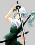  1girl arm_up blue_eyes bob_cut closed_mouth green_vest grey_background holding holding_sword holding_weapon katana koke_(moromiso) konpaku_youmu looking_at_viewer sheath short_hair short_sleeves silver_hair simple_background solo sword touhou vest weapon 