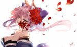  1girl animal_ears breasts cleavage collarbone dated detached_sleeves fate/extra fate_(series) flower flower_in_mouth fox_ears hair_flower hair_ornament hair_ribbon japanese_clothes large_breasts looking_at_viewer looking_to_the_side petals pink_hair puyue ribbon signature simple_background solo tamamo_(fate)_(all) tamamo_no_mae_(fate) white_background yellow_eyes 