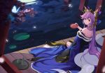  1girl animal_ears baseness bow breasts butterfly detached_sleeves fate/extella fate/extra fate/grand_order fate_(series) fox_ears fox_tail hair_bow hair_ribbon highres japanese_clothes large_breasts looking_at_viewer multiple_tails pink_hair ribbon sitting solo tail tamamo_(fate)_(all) tamamo_no_mae_(fate) water yellow_eyes 