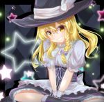  &gt;:) 1girl black_dress blonde_hair blue_bow blush bow braid capelet dress grin hair_between_eyes hair_bow hat indian_style kirisame_marisa long_hair looking_at_viewer shinyafuru side_braid sitting smile solo touhou v_arms witch_hat yellow_eyes 