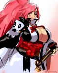  1girl amputee baiken breasts cleavage d-ryuu guilty_gear guilty_gear_xrd hand_on_hilt huge_breasts japanese_clothes katana kimono lips long_hair no_bra obi one-eyed open_clothes open_kimono pink_eyes pink_hair ponytail sash scar scar_across_eye solo straw_(stalk) sword weapon 