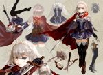  1girl adapted_costume bangs belt black_gloves black_legwear blue_dress boots braid breasts brown_boots cape closed_mouth cuts detached_sleeves dress full_body gloves grey_eyes holding holding_knife holding_sword holding_weapon holster injury izayoi_sakuya keiko_(mitakarawa) knife knives_between_fingers looking_at_viewer maid_headdress multiple_views pauldrons short_dress short_hair short_sword silver_hair small_breasts sword thigh-highs thigh_holster touhou twin_braids weapon 