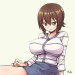  1girl breasts brown_eyes brown_hair buttons casual character_name eyebrows girls_und_panzer hair_between_eyes impossible_clothes large_breasts miniskirt nishizumi_maho pas_(paxiti) short_hair sitting skirt solo striped 