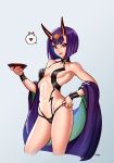  1girl artist_name breasts collarbone commentary cup fang fate/grand_order fate_(series) hair_ornament hand_on_hip heart highres holding holding_cup horns japanese_clothes kimono looking_at_viewer medium_breasts navel oni oni_horns open_mouth panties panty_pull purple_hair revealing_clothes sakazuki shiny shiny_hair shiny_skin short_hair shuten_douji_(fate/grand_order) simple_background smile solo spoken_heart standing typo_(requiemdusk) underwear violet_eyes 