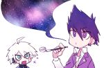  2boys ahoge android beard dangan_ronpa facial_hair keebo kiseru looking_up maguro_no_yukke male_focus momota_kaito multiple_boys new_dangan_ronpa_v3 pipe pointy_hair silver_hair simple_background smoke space sparkle upper_body violet_eyes white_background 