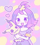  1girl acerola_(pokemon) bangs_pinned_back dress hair_ornament heart hug mimikyu open_mouth pokemon pokemon_(game) pokemon_sm purple_dress purple_hair remoooon short_hair simple_background smile solo violet_eyes 