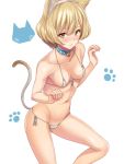  1girl animal_ears bikini blonde_hair blush breasts cat_ears cat_tail cleavage collar covered_nipples fake_animal_ears looking_at_viewer micro_bikini navel original sengoku_aky simple_background solo swimsuit tail white_background yellow_eyes 