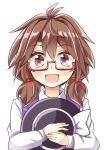  1girl aki_chimaki brown_hair glasses hat hat_removed hat_ribbon headwear_removed looking_at_viewer low_twintails red-framed_eyewear ribbon semi-rimless_glasses smile solo touhou twintails under-rim_glasses upper_body usami_sumireko 