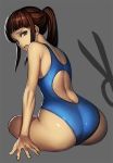  1girl ass bangs blue_swimsuit blunt_bangs competition_swimsuit from_behind green_eyes grey_background k2shh long_hair looking_at_viewer looking_back miyamoto_ruri nisekoi one-piece_swimsuit ponytail scared scissors solo swimsuit 