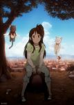  1girl brown_eyes brown_hair cat city clouds collar full_body neckerchief one_side_up original rock sbel02 shade short_over_long_sleeves sitting sky smile tree wings 