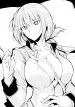  1girl breasts cleavage commentary erect_nipples fate/grand_order fate_(series) florence_nightingale_(fate/grand_order) folded_ponytail gloves greyscale hair_between_eyes hand_on_own_stomach hand_up harukon_(halcon) highres jacket large_breasts long_hair looking_at_viewer lying monochrome no_bra on_back open_clothes open_jacket partially_unbuttoned pillow sidelocks smile solo upper_body 