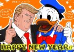  2017 animal bird character_name disney donald_duck donald_trump duck formal hand_on_another&#039;s_shoulder hat kamado_(artist) namesake new_year politician real_life sailor_hat star thumbs_up translated 