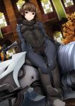  1girl bodysuit boots braid breasts brown_hair crown_braid dutch_angle ground_vehicle highres looking_at_viewer motor_vehicle motorcycle nemu_(nebusokugimi) niijima_makoto pauldrons persona persona_5 red_eyes short_hair shoulder_pads solo 