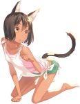  1girl animal_ears black_hair brown_eyes cat_ears cat_tail kimura_(ykimu) kneeling original paw_pose short_hair simple_background solo tail 