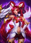 1girl alternate_costume alternate_hairstyle armlet asymmetrical_gloves bare_shoulders double_bun earrings fingerless_gloves gloves grin hair_ornament hand_on_hip highres jewelry jinx_(league_of_legends) league_of_legends lipstick long_hair looking_at_viewer magical_girl makeup navel nebula red_eyes red_lipstick redhead short_shorts shorts smile solo star star_guardian_jinx thigh-highs tin_bui twintails very_long_hair 