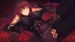  1girl blush bodysuit breasts commentary_request covered_navel fate/grand_order fate_(series) highres kisaragi_chiyuki large_breasts long_hair lying on_back parted_lips pauldrons purple_bodysuit purple_hair red_eyes red_flower scathach_(fate/grand_order) solo veil 