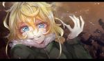  1girl blonde_hair blue_eyes eba_games fur-trimmed_jacket fur_trim gloves highres jacket letterboxed lips looking_at_viewer messy_hair sketch solo tanya_degurechaff youjo_senki zipper 