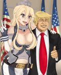  absurdres american_flag artist741_(artist) breasts commentary donald_trump formal highres iowa_(kantai_collection) kantai_collection large_breasts politician real_life star star-shaped_pupils symbol-shaped_pupils thumbs_up v 