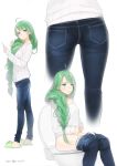  1girl ahoge ama_mitsuki ass bangs braid cellphone commentary_request dated denim from_behind full_body green_eyes green_hair holding jeans kantai_collection long_hair multiple_views open_fly panties pants panty_pull phone single_braid sitting slippers solo standing toilet unbuttoned underwear white_panties yuugumo_(kantai_collection) 