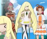  &gt;_&lt; 4girls ahoge amara_(pokemon) blonde_hair blush braid brown_hair closed_eyes crossed_arms dark_skin hair_intakes hanako_(pokemon) lillie_(pokemon) long_hair lusamine_(pokemon) multicolored_hair multiple_girls pokemoa pokemon pokemon_(anime) pokemon_(game) pokemon_sm pokemon_sm_(anime) ponytail trait_connection twin_braids two-tone_hair 