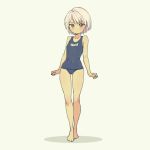  1boy androgynous dark_skin long_legs name_tag one-piece_swimsuit otoko_no_ko pas_(paxiti) pink_hair red_eyes school_swimsuit short_hair solo standing swimsuit 