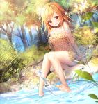  1girl ahoge aile_(crossroads) arms_at_sides bandeau bangs bare_shoulders barefoot bikini blonde_hair blush brown_eyes character_request day eyebrows_visible_through_hair feet forest frilled_bikini frills grass halter_top halterneck kicking long_hair looking_at_viewer nature open_mouth original outdoors plant sitting skirt sleeveless smile soaking_feet solo sparkle splashing swimsuit teeth toes tree wading water wet 