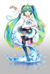  1girl aqua_eyes aqua_hair arm_up boots full_body hatsune_miku headset highres kurisu_sai long_hair looking_at_viewer navel open_mouth skirt solo splashing standing standing_on_one_leg thigh-highs thigh_boots twintails very_long_hair vocaloid water white_background 