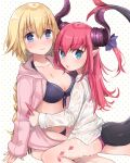 2girls :o bikini black_bikini blonde_hair blue_eyes blush bow braid breasts cleavage collarbone dragon_tail drawstring fate/apocrypha fate/extella fate/extra fate_(series) front-tie_bikini front-tie_top hair_bow highres hood hoodie horns lancer_(fate/extra_ccc) large_breasts looking_at_viewer multiple_girls open_clothes open_hoodie pink_bikini pink_hair pointy_ears polka_dot polka_dot_background rinchu ruler_(fate/apocrypha) see-through shirt side-tie_bikini single_braid sitting sitting_on_person sweatdrop swimsuit swimsuit_under_clothes tail tail_raised two_side_up wet wet_clothes wet_shirt