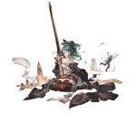  1boy 1girl belt blush boots brown_eyes brown_hair coat crystal dress dust flying_sweatdrops granblue_fantasy green_hair herja minaba_hideo official_art open_clothes open_coat pants ponytail ribbon running scarf sweater sweater_dress sword tearing_up thigh-highs thigh_boots vest weapon white_background winter_clothes winter_coat 