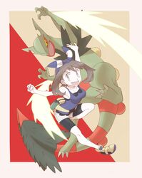  1girl bike_shorts blue_eyes brown_hair haruka_(pokemon) haruka_(pokemon)_(remake) highres mega_sceptile nomura_(buroriidesu) open_mouth pokemon pokemon_(creature) pokemon_(game) pokemon_oras sceptile shirt short 