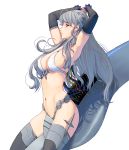  1girl android armpits arms_up blue_eyes breasts cable cleavage closed_mouth detached_sleeves expressionless from_side grey_hair grey_legwear groin headgear highres long_hair masao medium_breasts navel original profile sideboob sidelocks solo stomach thigh-highs white_background white_bikini_top 