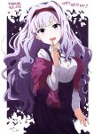  1girl bangs buttons character_name collar dress ears eyebrows_visible_through_hair finger_to_mouth happy_birthday headband highres idolmaster long_hair long_sleeves open_mouth purple_dress red_eyes ribbon shawl shijou_takane sidelocks silver_hair solo timestamp 