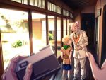  2boys bald blonde_hair blurry c-7_(assate) camera child depth_of_field door facial_hair father_and_son formal goatee grey_hair jojo_no_kimyou_na_bouken kira_yoshihiro kira_yoshikage light male_focus multiple_boys mustache necktie photo_background pov shorts smile socks suit window younger 