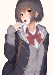  1girl bag blush brown_eyes brown_hair buttons cherry eyebrows_visible_through_hair food fruit highres jacket looking_at_viewer mouth_hold original rerrere school_bag school_uniform short_hair simple_background solo upper_body zipper 