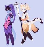  2girls animal_ears blonde_hair cat_ears cat_girl cat_tail head_mounted_display highres holding holding_staff kemonomimi_mode long_hair lumioces mechanical_halo mercy_(overwatch) multiple_girls overwatch ponytail purple_hair simple_background solo staff tail whiskers widowmaker_(overwatch) 