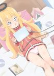  1girl aura bed blonde_hair blue_eyes book cd computer dark_aura gabriel_dropout halo jacket laptop long_hair long_sleeves messy_hair panties tenma_gabriel_white track_jacket underwear uniphon very_long_hair 