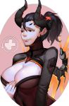  1girl absurdres alternate_costume black_hair bodysuit breast_squeeze breasts brown_eyes cleavage cleavage_cutout cleavage_reach commentary_request dark_persona demon_horns devil_mercy earrings emblem facial_mark forehead_mark glowing glowing_wings highres horns jewelry large_breasts lips looking_away mechanical_wings mercy_(overwatch) nose orange_wings overwatch pale_skin parted_lips patch pink_background ponytail ri_(1071362165) seductive_smile simple_background smile solo stud_earrings upper_body white_background wings 
