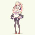  1girl apron black_legwear blonde_hair blue_eyes breasts cleavage detached_collar drill_hair earrings expressionless full_body jewelry large_breasts long_hair original pas_(paxiti) puffy_short_sleeves puffy_sleeves red_shoes shoes short_sleeves solo standing thigh-highs twin_drills twintails waist_apron wrist_cuffs 