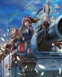  3girls absurdres aliasse alicia_melchiott bare_shoulders bird boots bow breasts brown_eyes brown_hair clouds cloudy_sky edelweiss_(senjou_no_valkyria) fur_trim gloves grin ground_vehicle gun hair_bow hair_ribbon head_rest highres horned_headwear insignia long_hair looking_up military military_uniform military_vehicle mizukiyan motor_vehicle multicolored_hair multiple_girls petals red_eyes redhead ribbon riela_marcellis rifle senjou_no_valkyria senjou_no_valkyria_1 senjou_no_valkyria_2 senjou_no_valkyria_3 silver_hair sitting sky smile tank thigh-highs uniform weapon zettai_ryouiki 