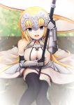 1girl armor armored_dress bare_shoulders between_legs black_gloves black_legwear blonde_hair blue_eyes chains commentary_request fate/apocrypha fate_(series) faulds flag gauntlets gloves headpiece long_hair looking_at_viewer ruler_(fate/apocrypha) shoron sitting solo thigh-highs 
