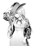  1girl alternate_costume ascot breasts cleavage coat cowboy_hat cowboy_shot dress grin hat highres iowa_(kantai_collection) kantai_collection long_hair monochrome pinakes smile solo star star-shaped_pupils symbol-shaped_pupils 