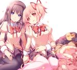  2girls akemi_homura black_hair black_legwear blush bow bowtie closed_mouth cover_image fur_trim hairband hand_holding happy interlocked_fingers jewelry kaname_madoka long_sleeves mahou_shoujo_madoka_magica multiple_girls open_mouth pantyhose petals pink_eyes pink_hair plaid plaid_skirt puffy_long_sleeves puffy_sleeves red_bow red_ribbon ribbon ring school_uniform sitting skirt smile thigh-highs white_background white_legwear yamada_ako zettai_ryouiki 