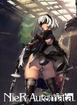  1girl android ass back_opening black_boots black_dress black_gloves black_hairband black_legwear blindfold boots breasts copyright_name covered_eyes cowboy_shot dress from_behind gloves hairband holding holding_sword holding_weapon juliet_sleeves katana legs_apart lips long_sleeves medium_breasts nier_(series) nier_automata nose oinari_risuru open-back_dress panties pantyshot pantyshot_(standing) puffy_sleeves short_dress short_hair shoulder_blades side_slit silver_hair skindentation solo standing sword tassel thigh-highs thigh_boots turtleneck underwear unsheathed vambraces weapon weapon_on_back white_panties yorha_no._2_type_b yorha_unit_no._2_type_b 