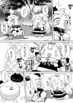  2girls acorn arms_up backpack bag bow chibi collar comic commentary_request enemy_aircraft_(kantai_collection) fang gloves greyscale hair_bow hair_flaps hair_ornament hairclip jewelry kantai_collection mittens monochrome multiple_girls neckerchief necklace northern_ocean_hime open_mouth randoseru remodel_(kantai_collection) sako_(bosscoffee) scarf school_uniform serafuku shinkaisei-kan sitting sparkle_background star thermos translation_request tree tree_stump yuudachi_(kantai_collection) 